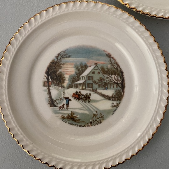 Vintage Harkerware Currier & Ives Christmas plates Winter Scene Cake & Dessert - Picture 3 of 6